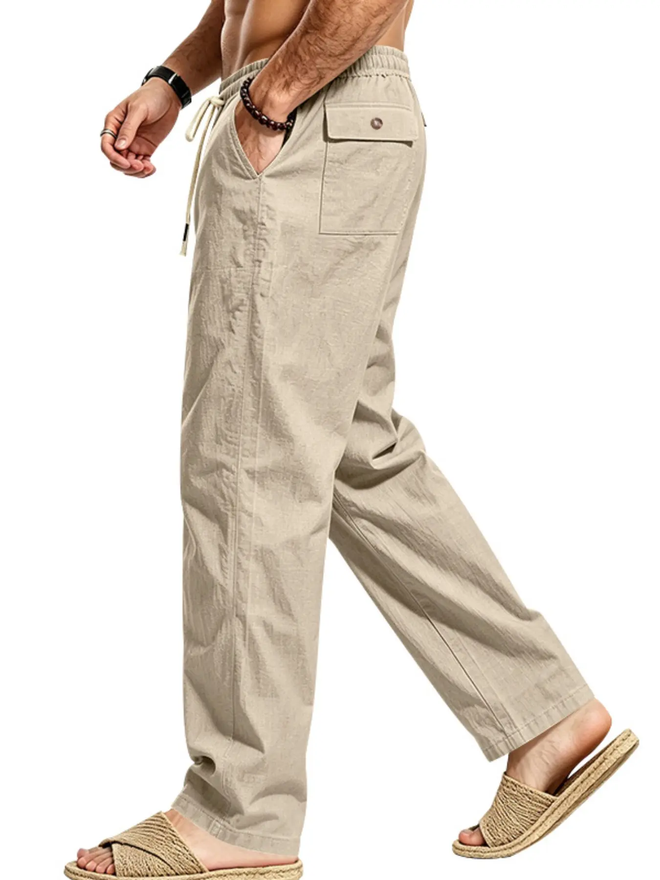 Men's Linen Straight Leg Casual Pants, Elastic Drawstring Waist Back Button Pocket Trousers, Lightweight Wrinkle Resistant Loose Fit Summer Beach Vacation Walking Pants Multiple Colors