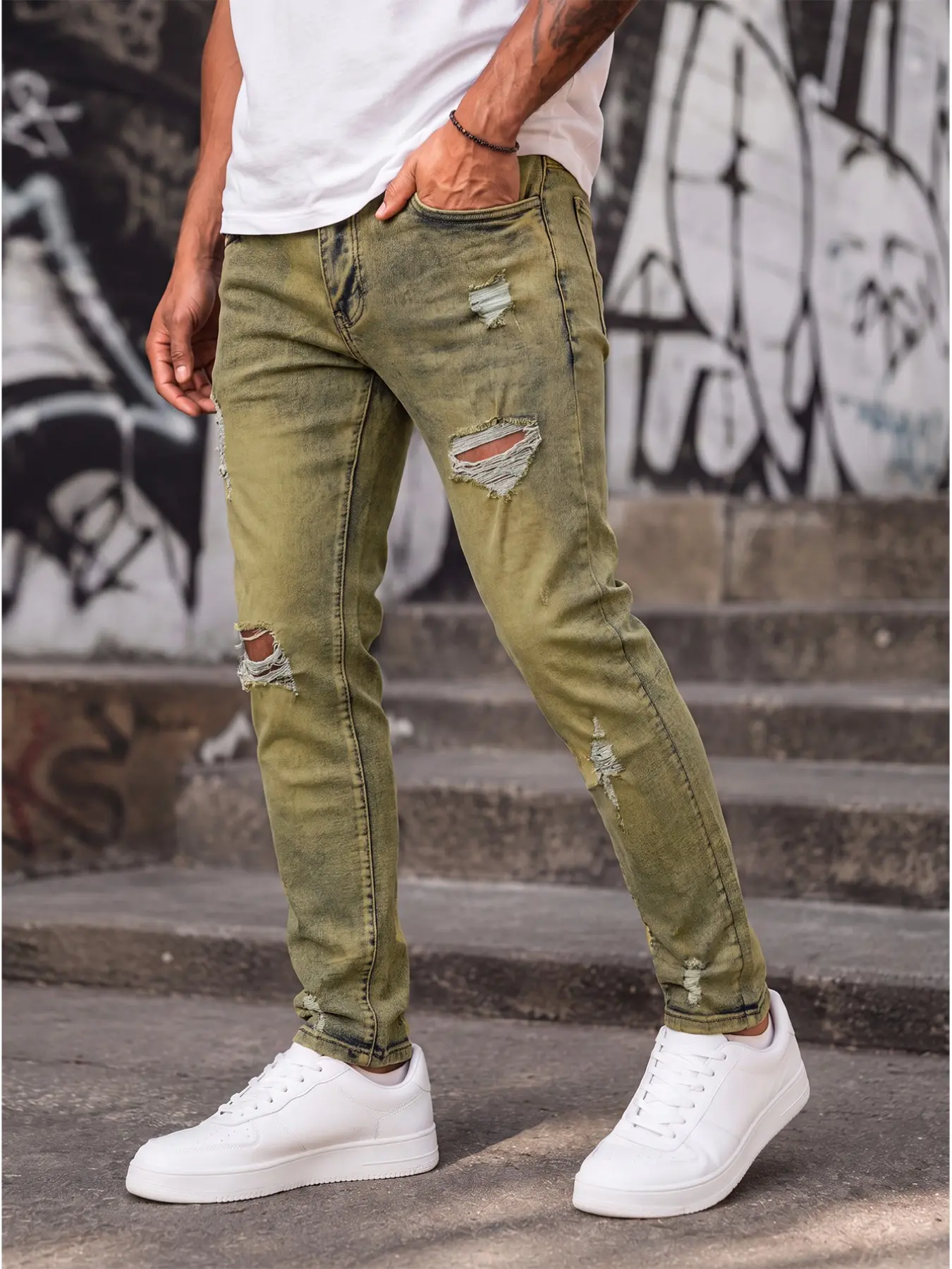 Men Vintage Mud Yellow Ripped Jeans Stretch Slim Fit Streetwear Pants Summer Outfit