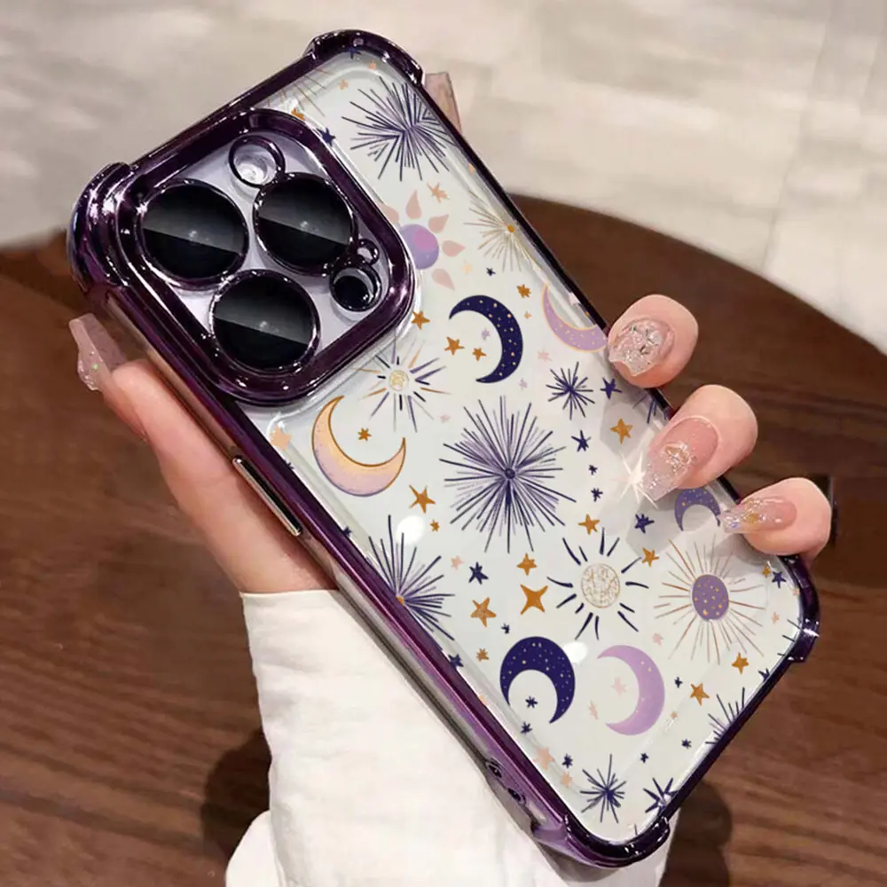 Celestial Witchy Cute Moon-Star-Sun Firework Ditsy Print iPhone Case, Durable Anti-Drop Shockproof Electroplated TPU Cover with Non-Slip Corners for iPhone 17,16,15,14,13,12,11 Pro Max Plus - Mobile Phone Accessories