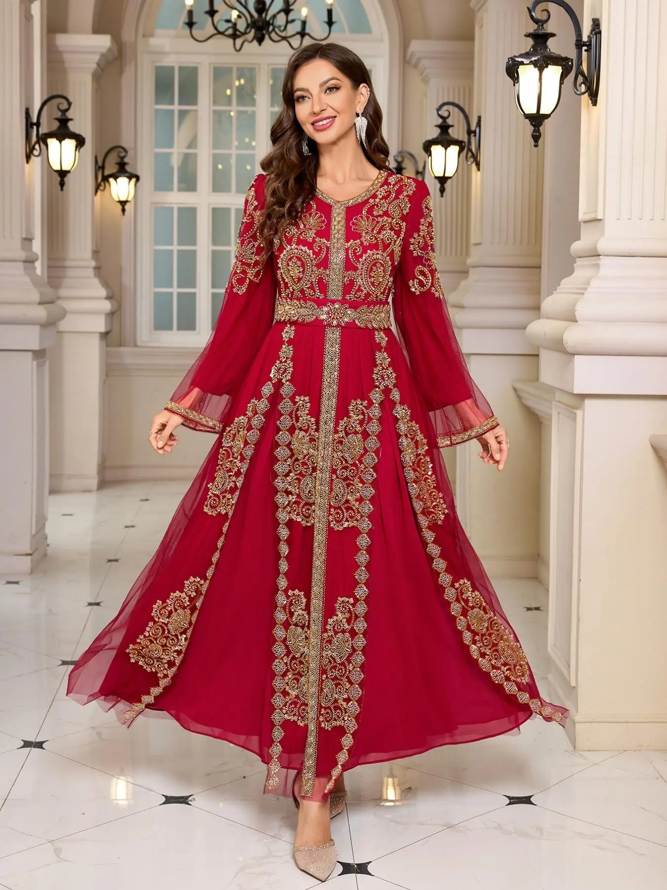 Elegant Beaded Long Dress with Long Sleeve, Floral Pattern, Perfect for Ethnic Festivals, Birthday Parties, Formal Dinners, Stage Shows, Spring Summer, Womenswear