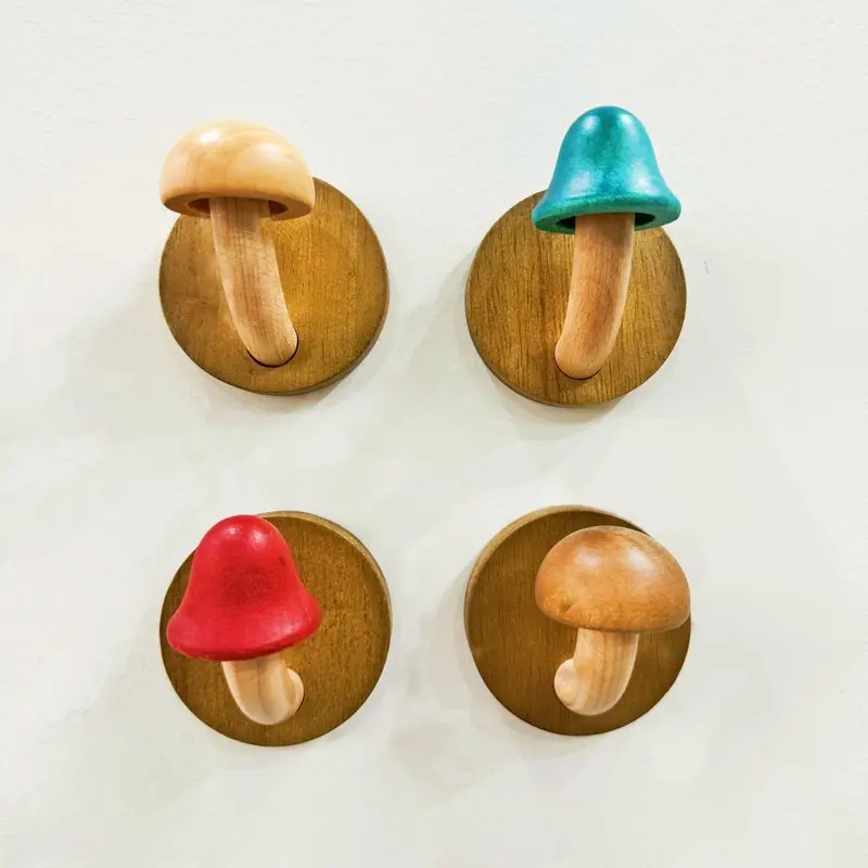 Set of 4 Artistic Wooden Mushroom Hooks for Clothes And Hats, Solid Wood Non-Perforated Clothes Hook, Nordic Style Raw Wood Hanger, Door Storage Hook