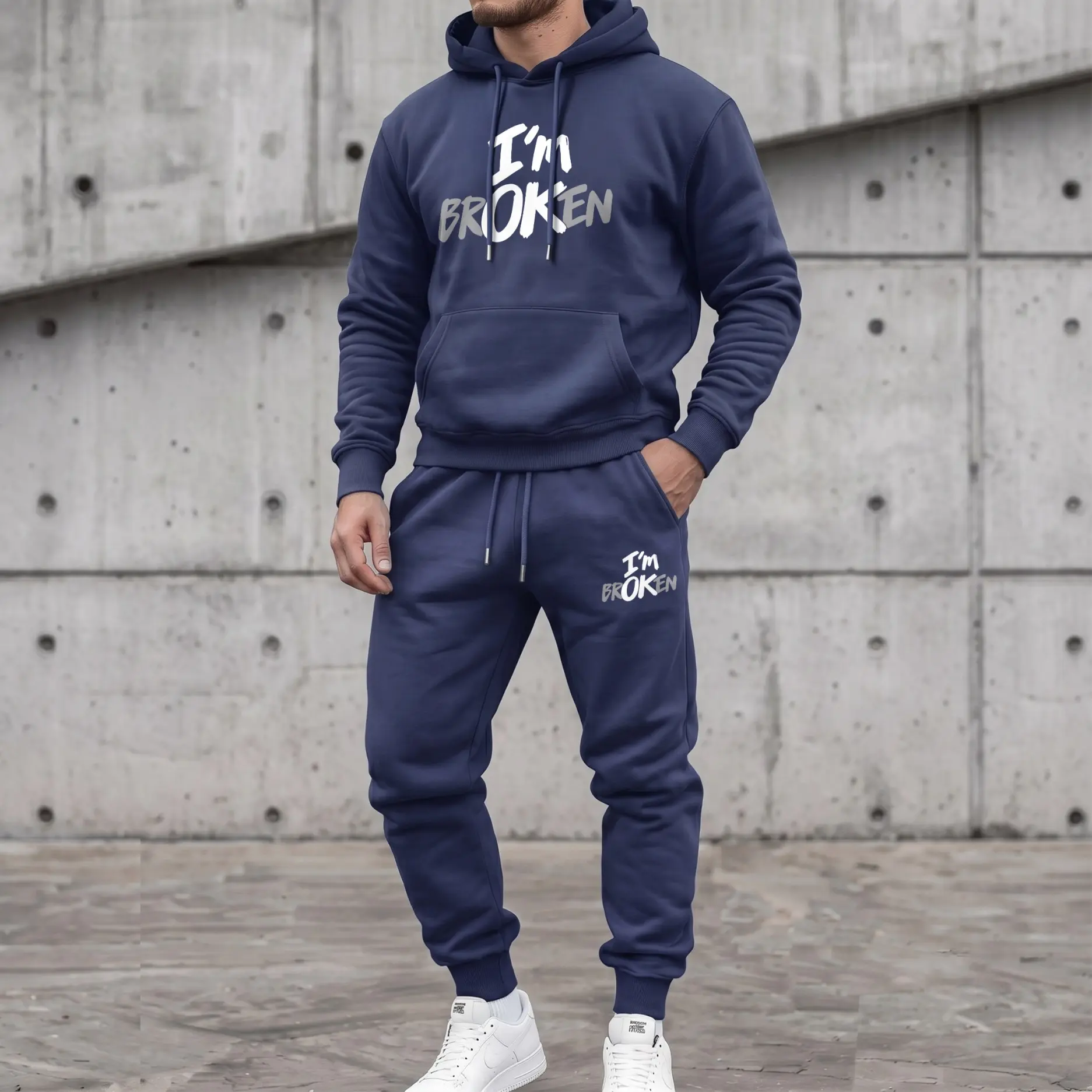 Men's I'm Broken Letter Graphic Hoodie and Sweatpants Set, Casual Hip-Hop Long Sleeve Pullover & Drawstring Jogger Pants, Fall Winter Tracksuit for Daily Wear, Travel, Lounge, Indoor Outdoor and Streetwear