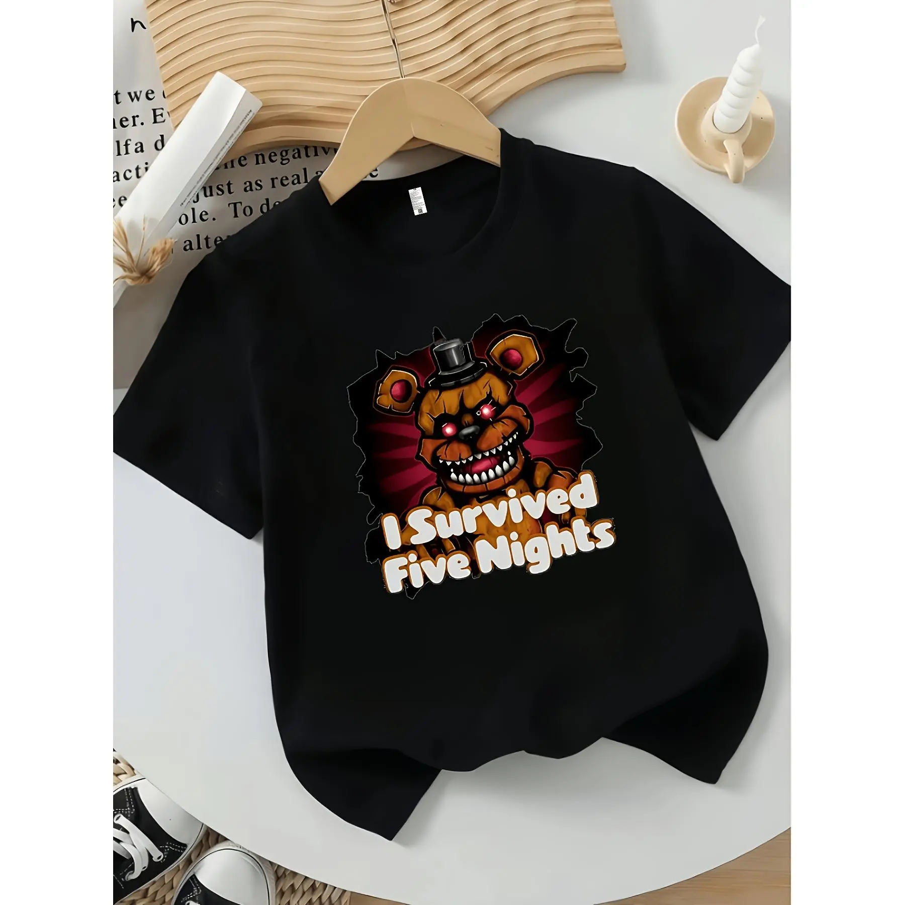 Children/Teen Anime & Game Merchandise - Freddy Horror-Style Character Print Trendy Cool Dark Casual Top, Versatile Summer Crew Neck Short Sleeve, Essential for Parent-Child Outfits/Parties/Daily Wear, 2026 New  Cartoon Pattern(3Y-13Y)