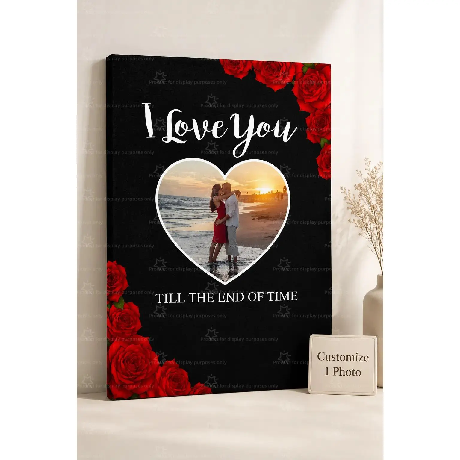 Custom Black Red Rose Single Heart Photo Canvas Wall Decor Poster, I Love You Romantic Quote Couple Print, Wall Art for Bedroom Apartment, Decor Poster Print, Available as Unframed Canvas Poster or Framed Canvas Wrap
