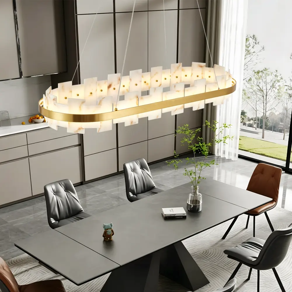 46.8 in Modern Luxury Alabaster Rectangle Pendant Light Fixture, Natural Spanish Stone Texture, Adjustable Hanging Ceiling Lamp with Ambient Diffuse Glow, Luxury Home Lighting for Dining Room, Kitchen Island
