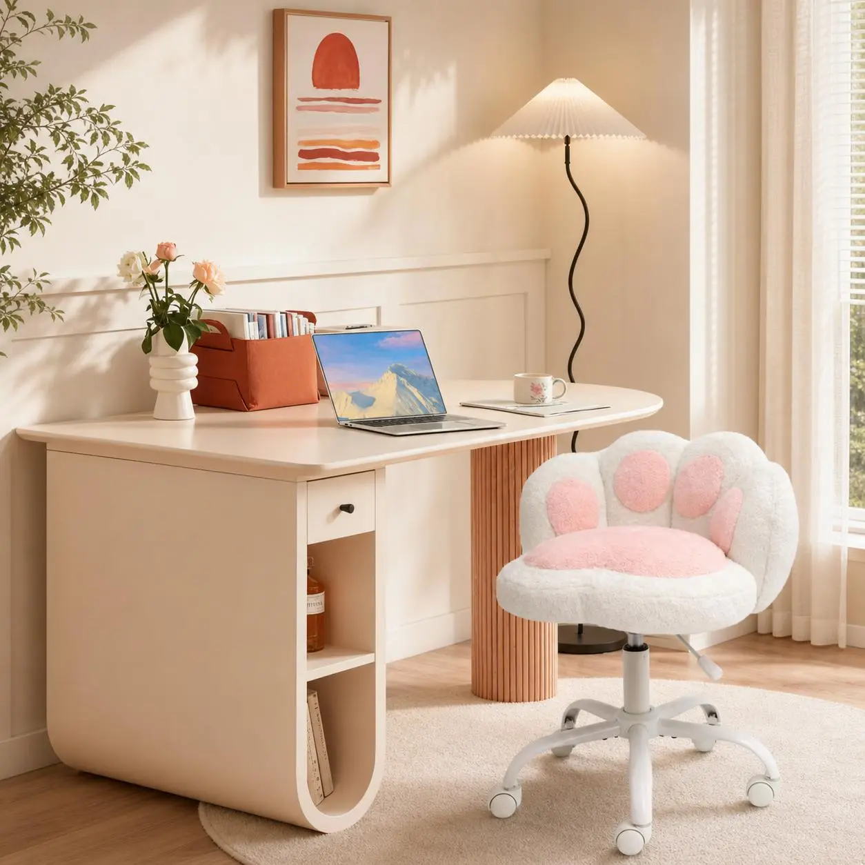 Vanity Chair with Cat Paw Back,Armless Desk Chair Cute Small Office Chair with Wheels,Teddy Fabric 360°Rotating Computer Chair,Adjustable Height for Vanity,Kids Room,Office,Bedroom