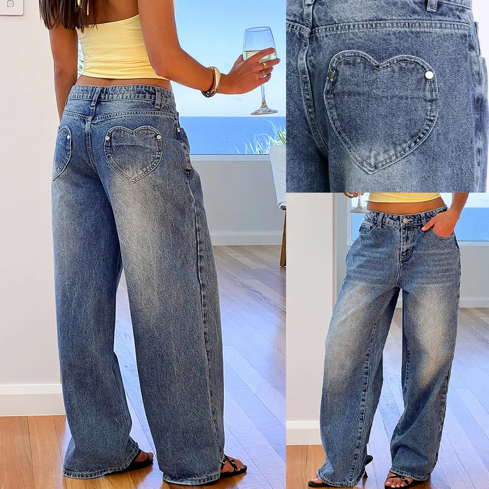Y2K girls' jeans, vintage washed, with heart-shaped back pocket, wide-leg jeans, fashionable loose-fitting hot girl jeans for women