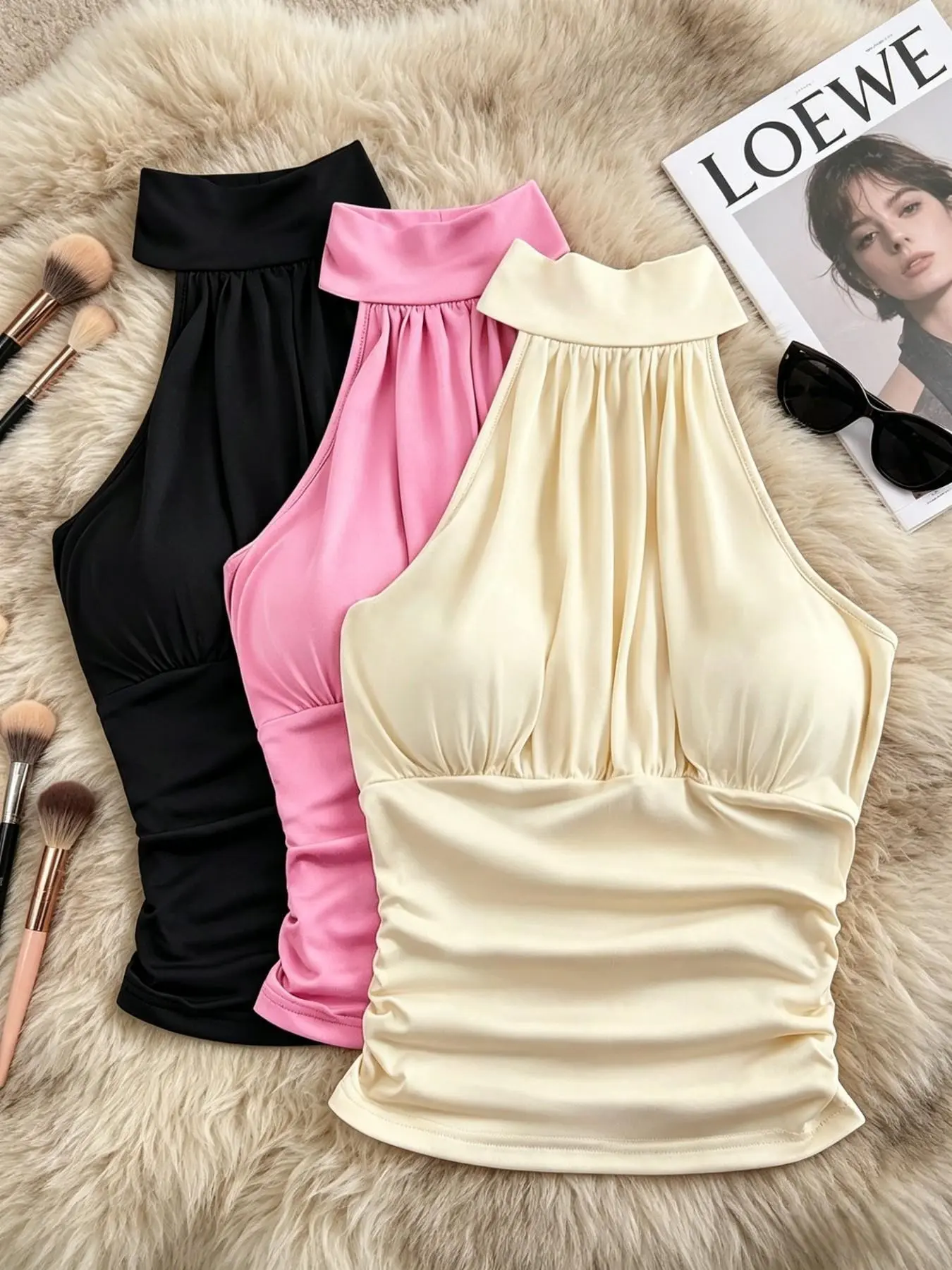 Summer High Neck Halter Top Set, Women's Sleeveless Pleated Tank Tops, Slim Fit Beach Vacation Camisole, Three-Piece