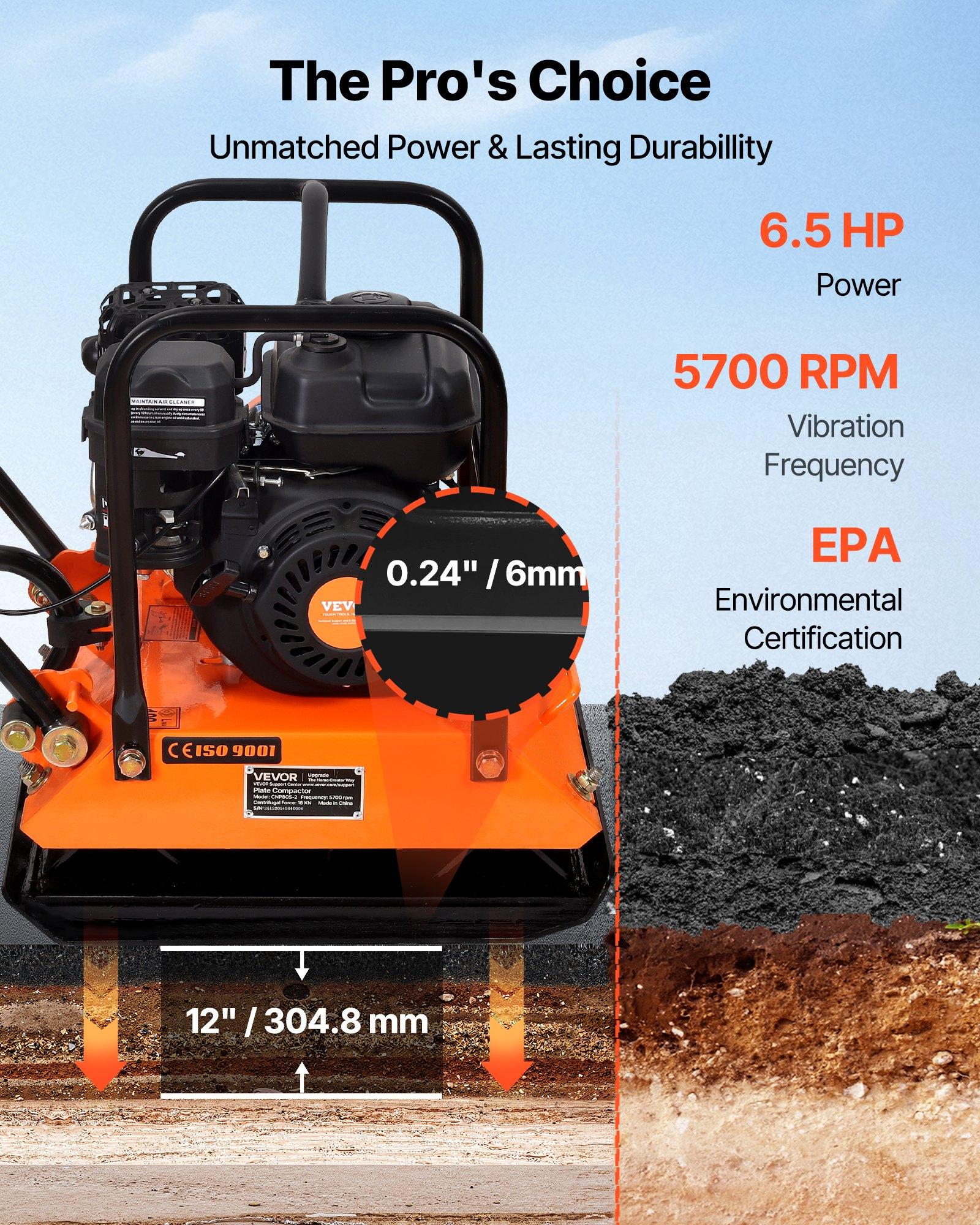 VEVOR Plate Compactor, 6.5 HP 196CC Gas Engine, 5700 VPM Vibrating Ground Rammer, 4047 lbs Compaction Force, 21 x 16 in Plate, Walk Behind Compactor for Paver Landscaping, Asphalt, Foundation, Soil