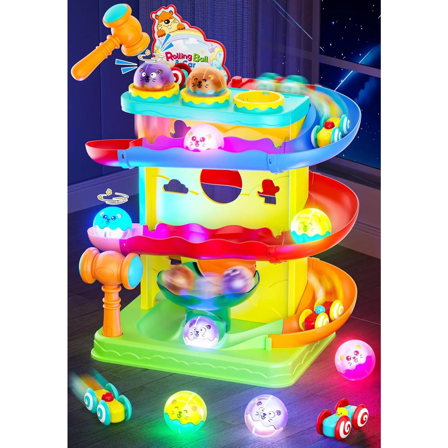 2-in-1 Light Up Rolling Ball & Racing Car Ramp Toddler Toy, Race Track Hammer Ball Drop Toys, Interactive Montessori Learning Game for Kids 1-5+ Year Old Girl Boy Gift(Yellow)