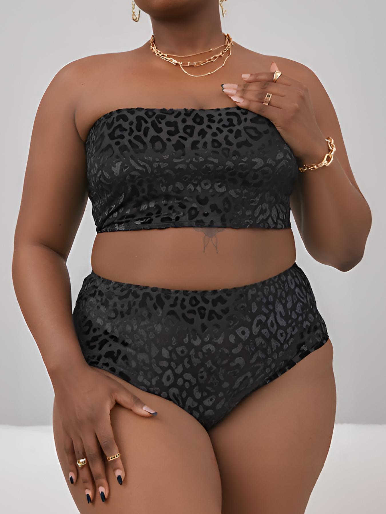 【Plus Size】Two-Piece Set Leopard Print Bikini Set, Casual Strapless Swim Top & High Waist Swim Bottom, Women's Two-piece Swimsuit for Summer Beach Holiday Vacation, High Waisted Swimsuit