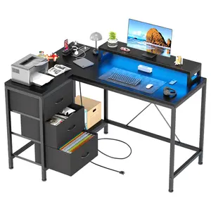 Smart LED L Shaped Gaming Desk with Charging Station Reversible Corner Desk Table with Monitor Stand 3 Drawers Storage Shelves Small Space Computer Desk for Gaming Bedroom Apartment Home Office Student Dorm Setup Fathers Day Gift