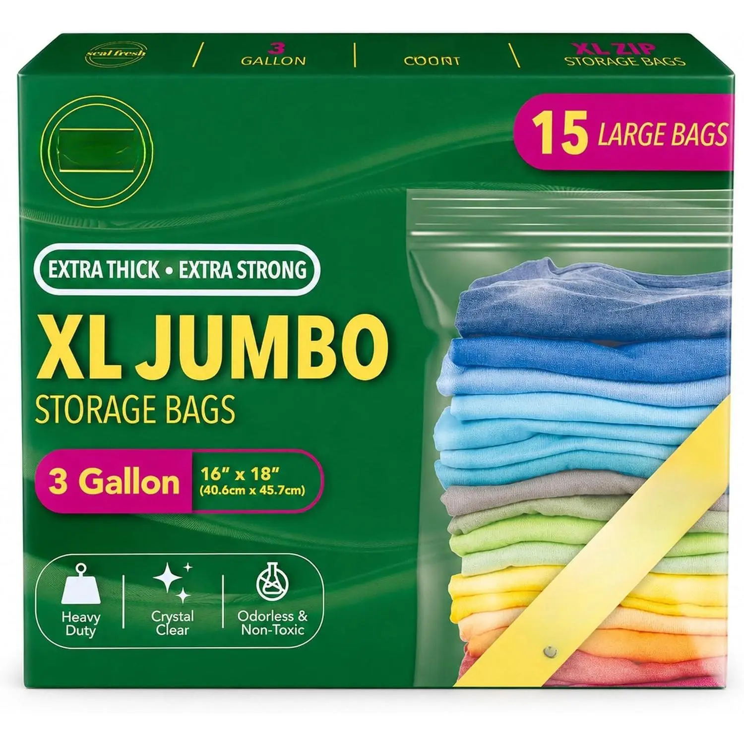3 Gallon Large Plastic Storage Bags – 16" x 18" (15 Count) –  XXL  Clear  Zip Bags with able Zipper Top For Clothes, Travel, Moving