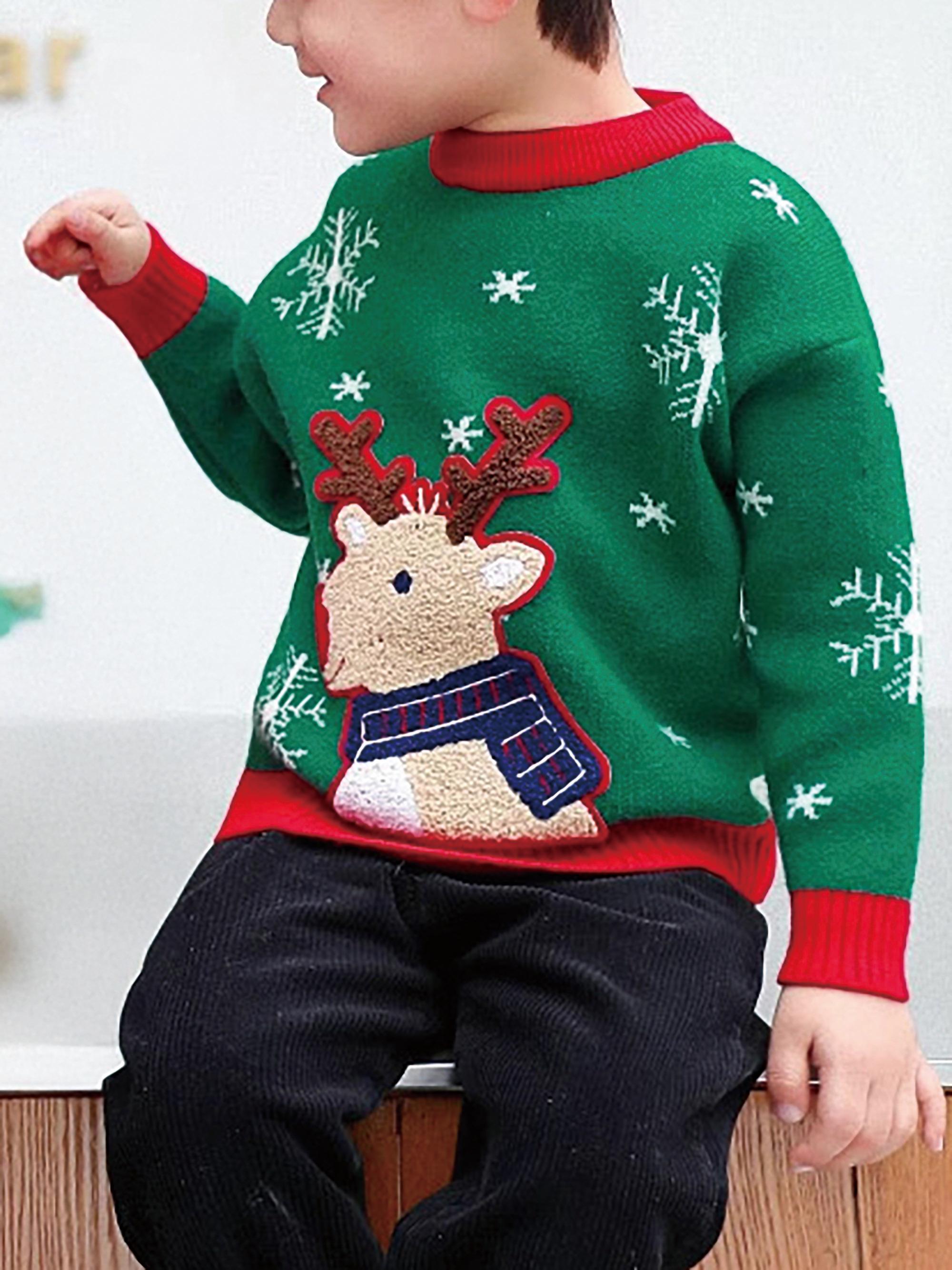 Girls' Christmas Sweater Dress with Snowflake & Reindeer Patterns, Color-Block Pullover Jumper, Loose Fit Round Neck Winter Outfits for Girls & little girls (Hand Washable)