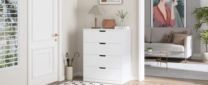 Sikaic Modern White Dresser with 4 Drawers Freestanding Wood Cupboard for Bedroom Living Room Hallway Storage Chest of Drawers with Metal Slide Rail Anti-tipping Belt