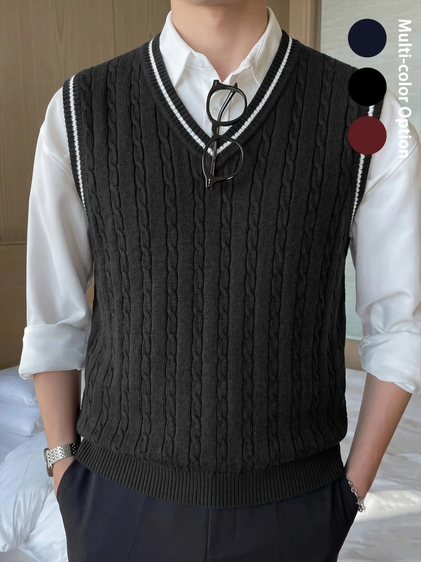 Men's Sweater Vest V Neck Cable Knit Vest Sleeveless Pullover Knitwear Contrast Trim Preppy College Style Old Money Y2K Fall Winter Autumn Casual Layering Campus Office Streetwear for Men Women Teen Boys Girls Students Black Navy Burgundy Wine Red