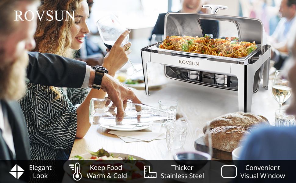 ROVSUN 9Quart 1 Pack Roll Top Chafing Dish Buffet Set, Stainless Steel Chafers for Catering, Rectangular Buffet Servers and Warmers Set with Glass Window for Parties, Banquet, Wedding, Full Size Plates