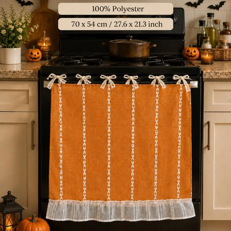 Boho Halloween Oven Door Curtain, 27.6x21.3 Inches Tie-Back Stove Cover, Decorative Kitchen Accessory, Festive Home Décor