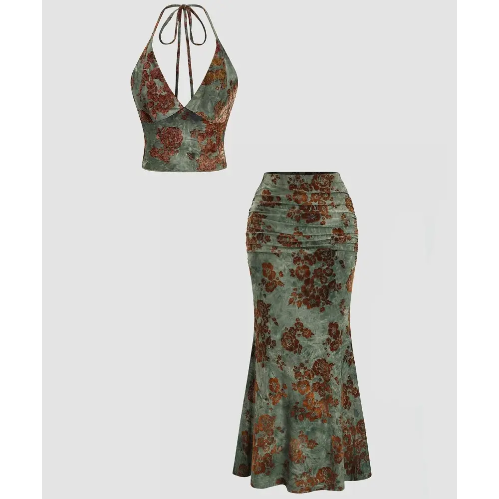 Women's Floral Deep V Neck Crop Top & Fish Tail Skirt Set, Sexy Two-Piece, Back-To-School Fashion, All-Over Print Design