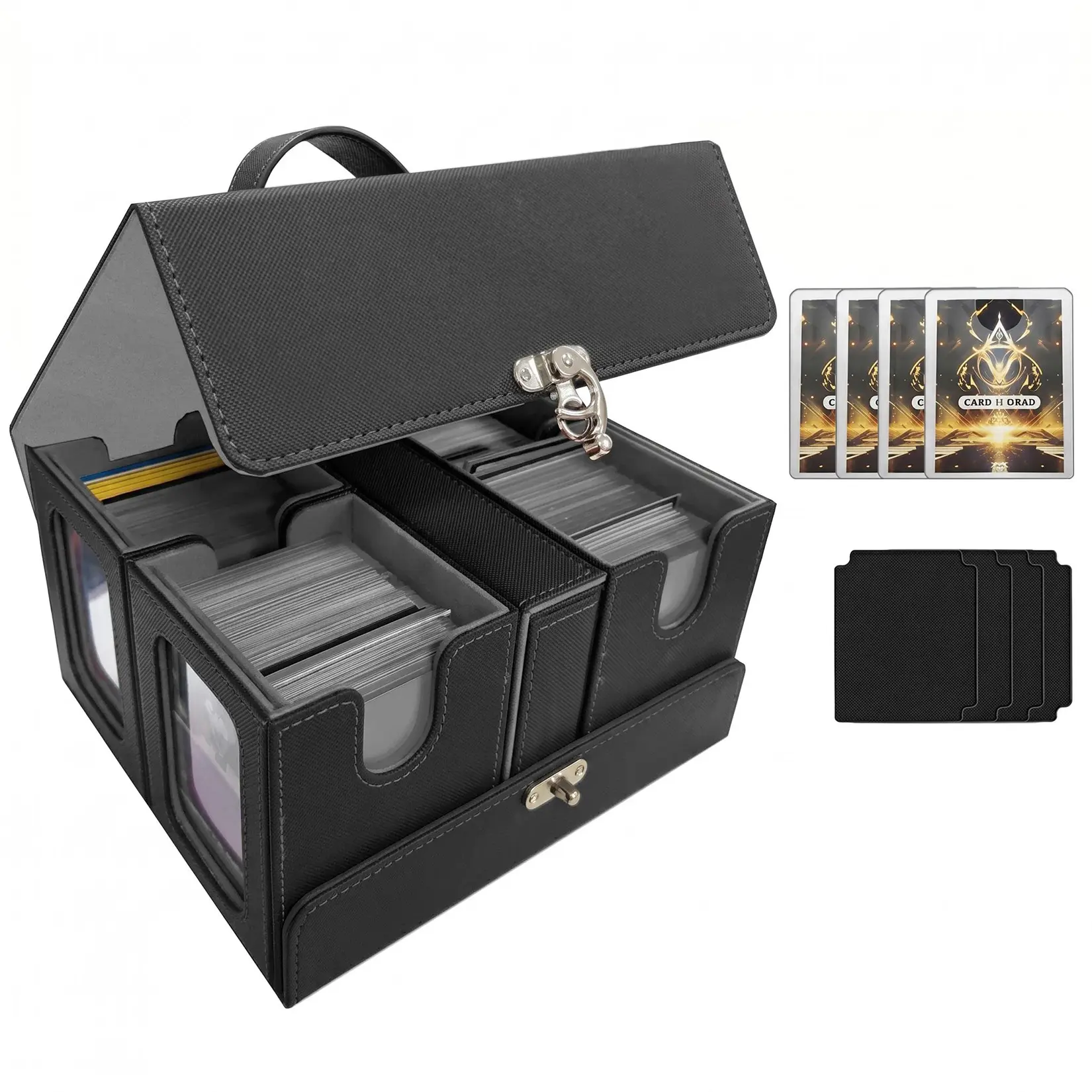 PU Leather Trading Card Deck Box with Clear Window, TCG Card Storage Case Fits 100+ Sleeved Cards, Card Holder for YuGiOh Pokemon MTG Commander, Collector Gift Box with Velvet Interior