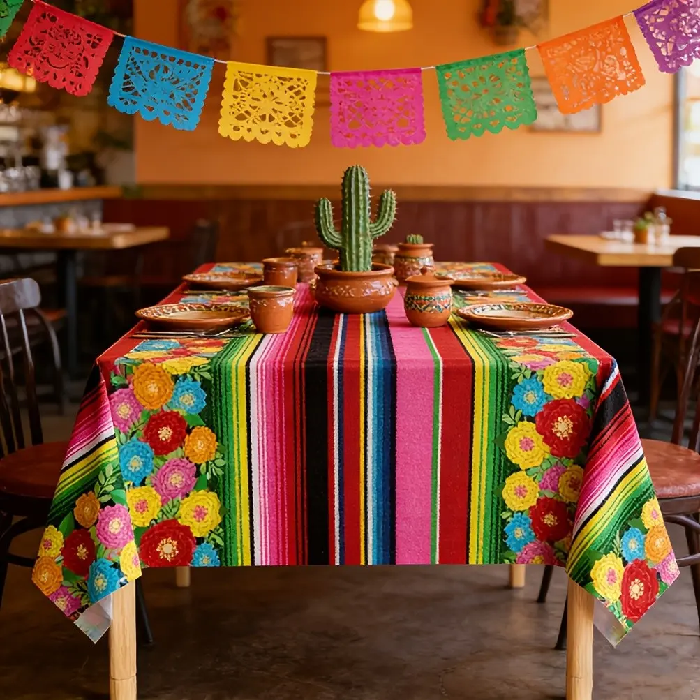 Mexican Flower Rectangular Tablecloth, Striped Floral Birthday Party Decor, Cinco De Mayo Taco Night Celebration Tablecloth