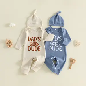 Newborn Baby Boy Coming Home Outfit Waffle Knit Romper with Hat Dad's Boy/Little Dude Embroidered Long Sleeve Jumpsuit