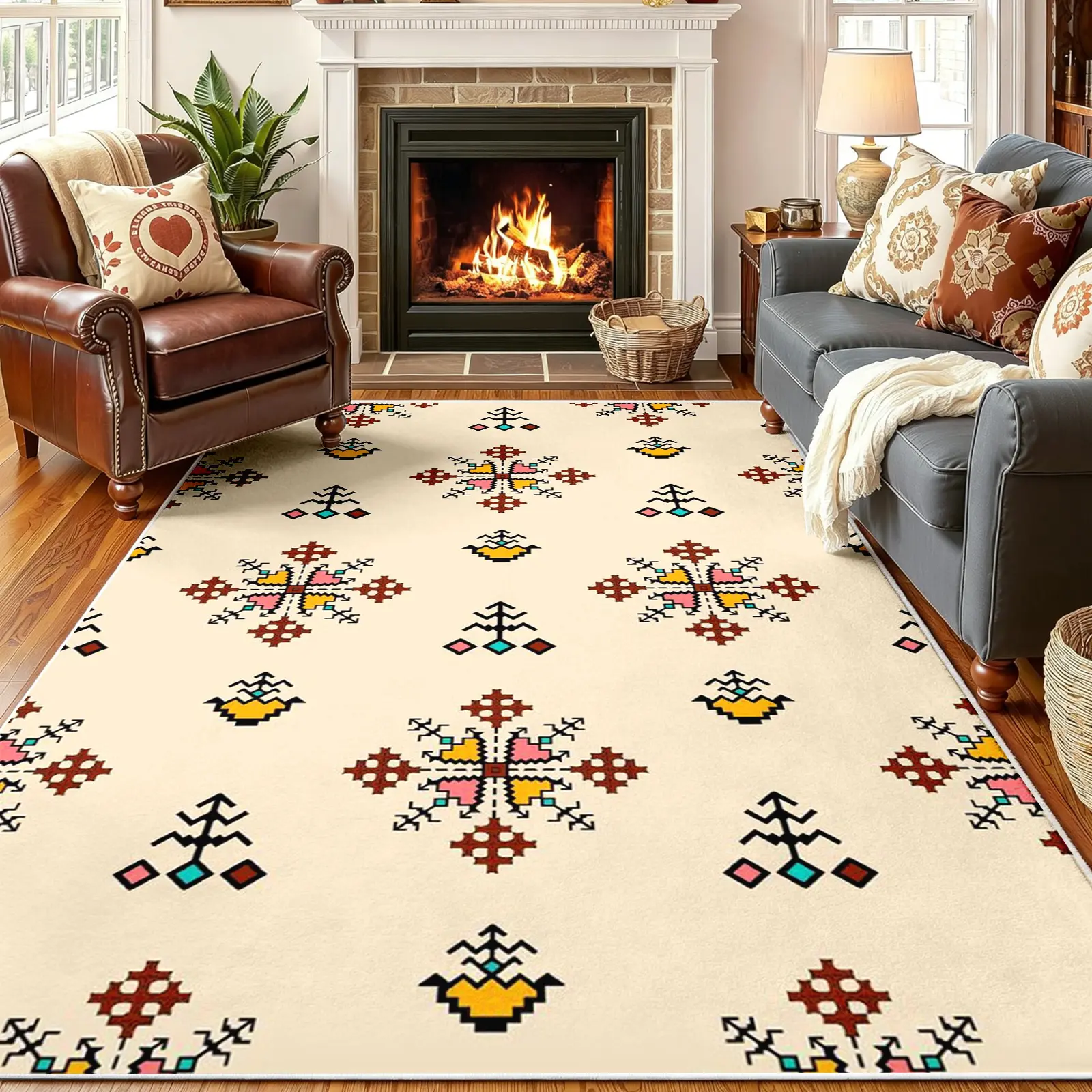 1pc 8x10ft Southwestern Tribal Area Rug, Cream Base with Red and Black Geometric Motif Carpet, Soft, Non-Slip, Machine-Washable Floor Covering, Stain-Resistant, Low-Pile Rug, Aesthetic Decor for Living Room and Bedroom