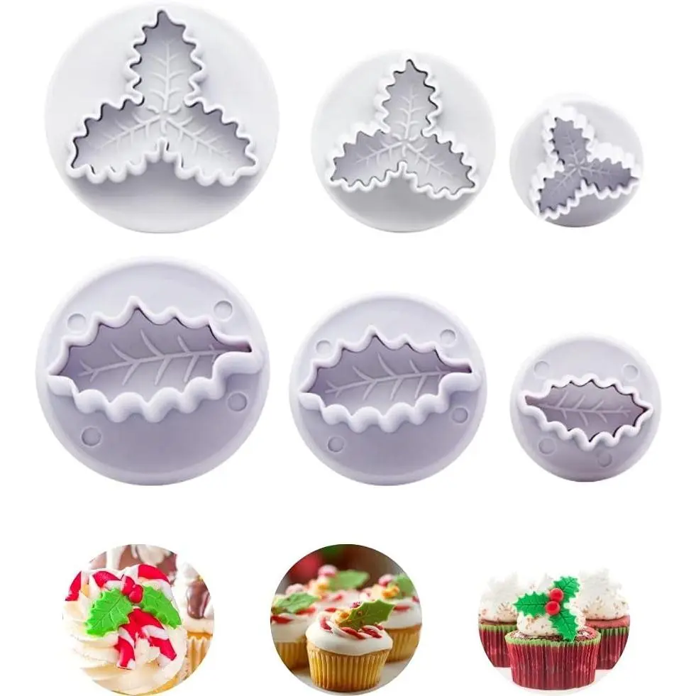 Christmas Holly Leaf Plunger Cookie Cutters, 6- Fondant  | Creates raised holly leaf details for fondant, cookies, cakes and cupcakes