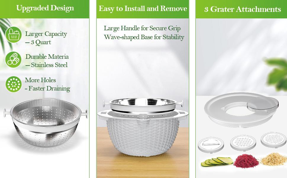 4-1 Colander with Bowl Set - Rotatable Colander for Kitchen(Patented) - Strainers and Colanders - Pasta Strainer with New Upgraded Graters for Fruit Veggie Fun Kitchen Presents - White