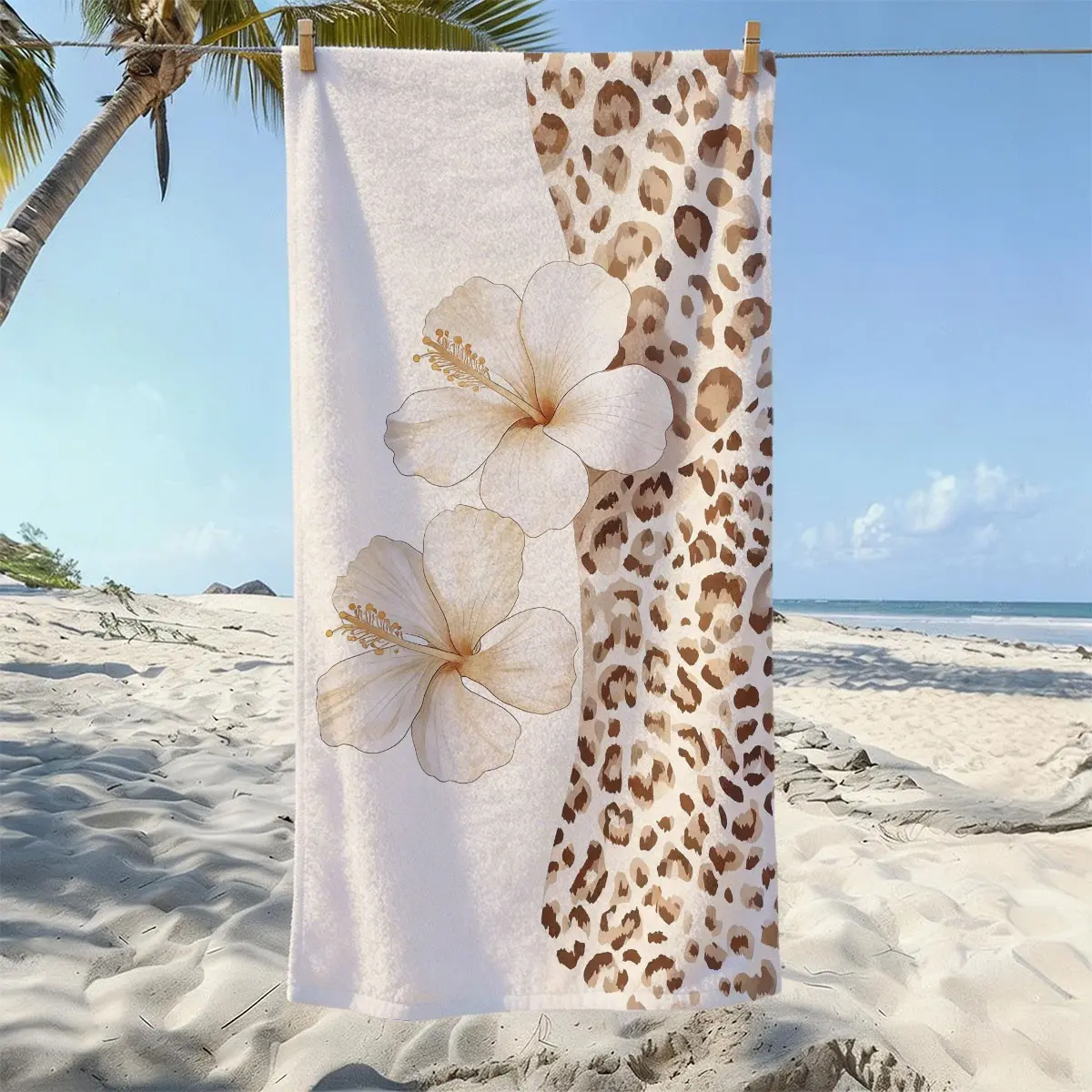 Leopard Print Hibiscus Ultra-Fine Fiber Beach Towel, Travel Towels, Lightweight Quick-Dry Sand-Resistant, Ideal for Pool, Beach, Travel, Camping
