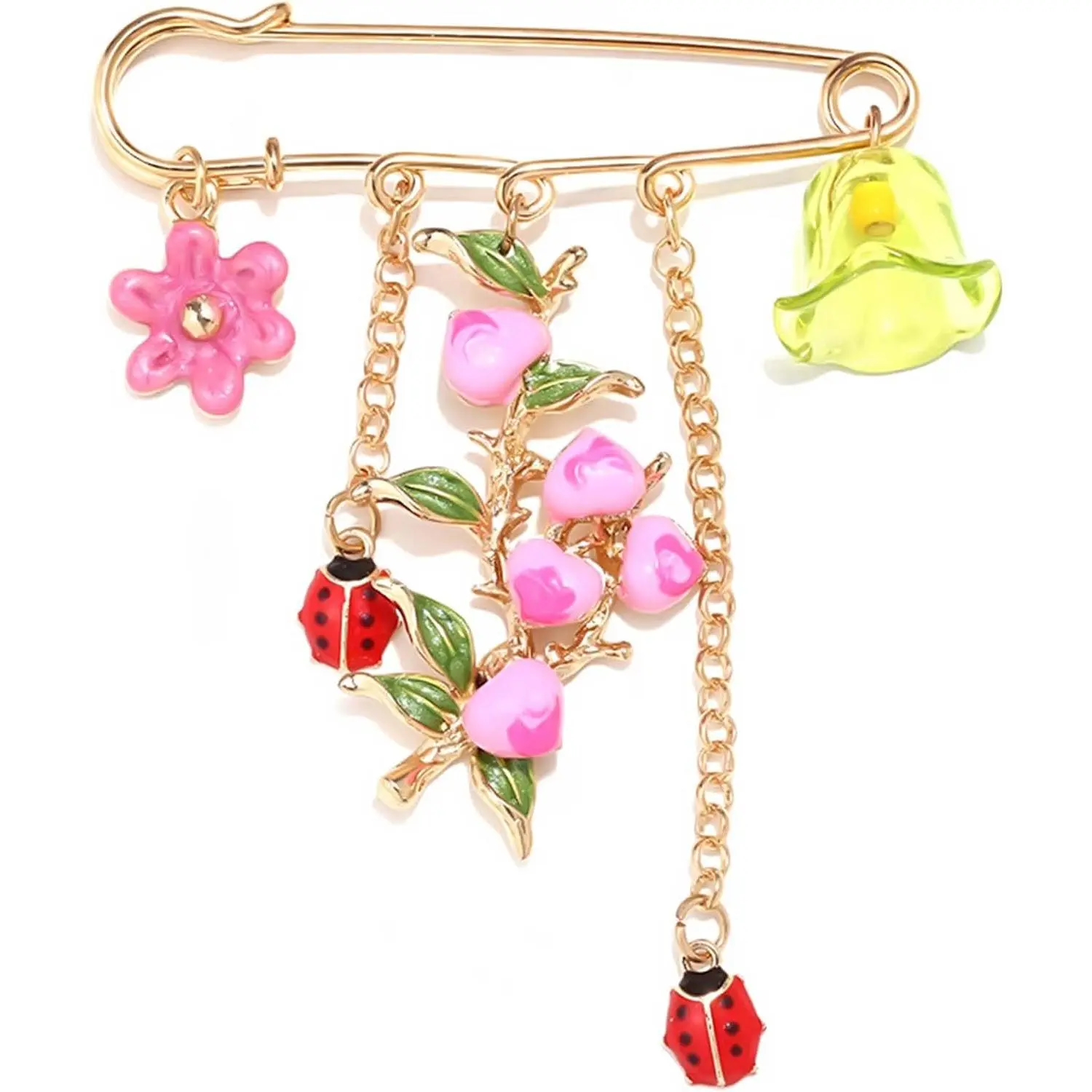 HETICA Floral Charm Safety Pin Brooch for Women, Pink Flower Brooch Pin | Pink Floral Design with Ladybug & Bell Charms, Lightweight Statement Pin for Jackets, Sweaters, Scarves & Bags