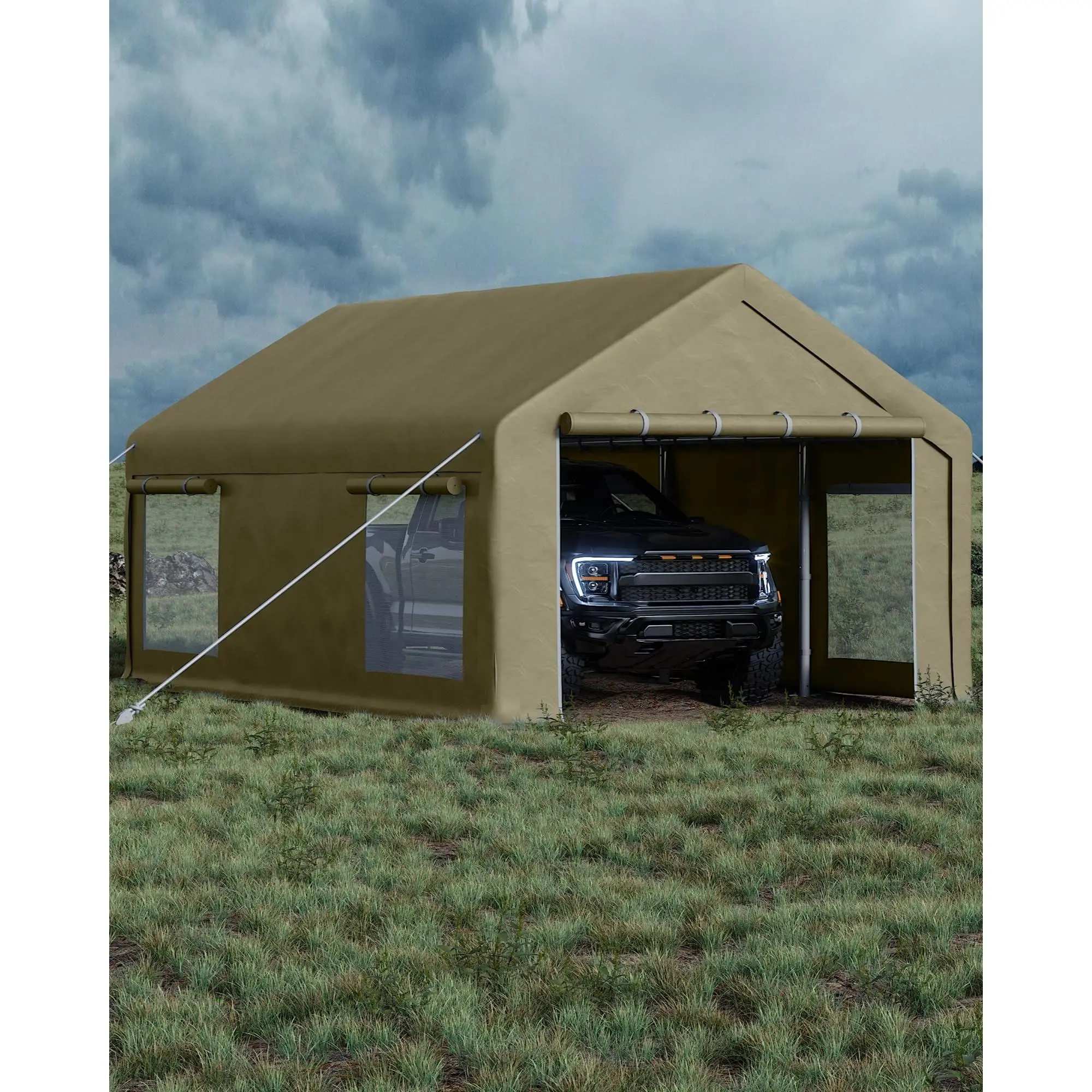 12x20 ft Portable Garage - Heavy Duty Carport with 200g PE Tarp Canopy, 2 Roll-Up Doors & 4 Windows for Boats, Pickups & Event Shelter