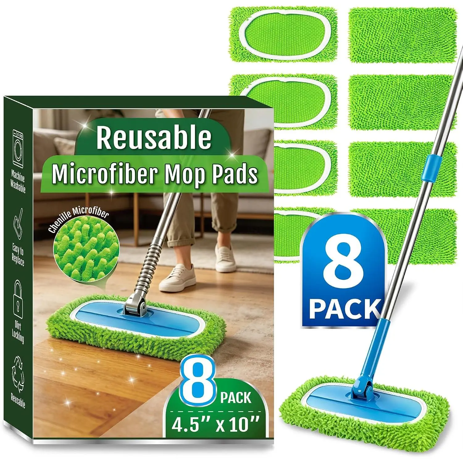 8 Pack  Microfiber Mop Refills Compatible with Sweeper Mop | Washable Wet Dry Sweeping Mopping Pads for Hardwood, Tile and  Hard Surface Floor Cleaning