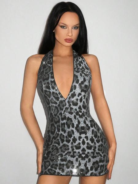 Women's Leopard Print Sequins Halter Dress, Fashion Casual Deep V Neck Backless Dress for Party Club Dating Wear, Women Dress for Summer, Womenswear