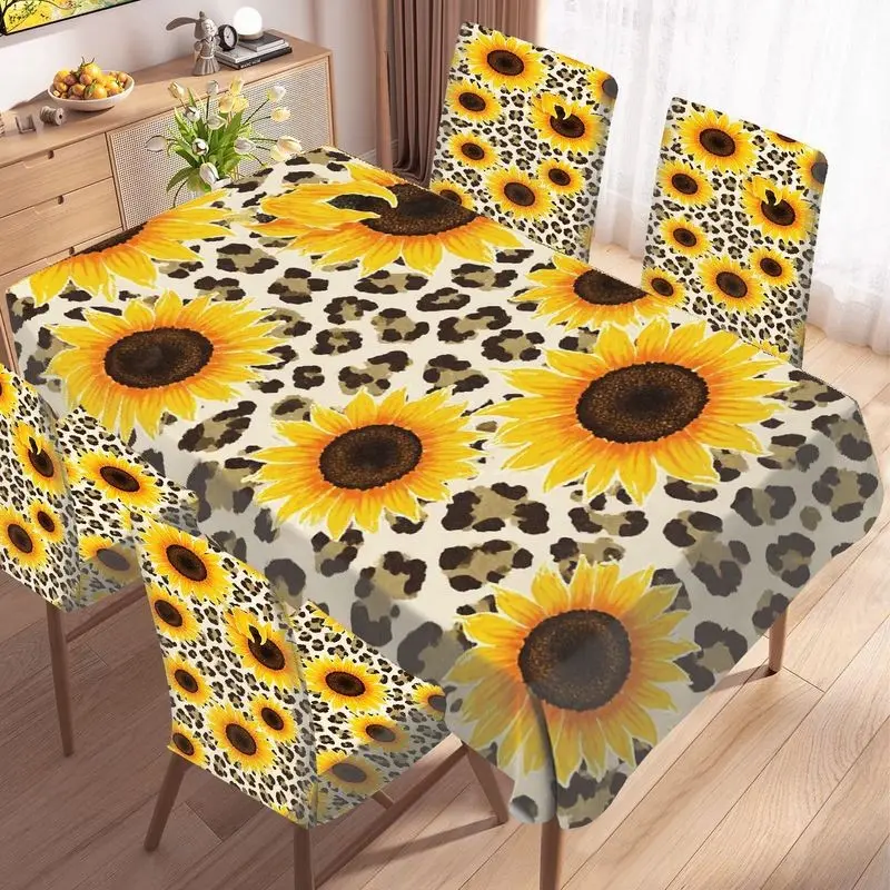 Sunflower Leopard Print Tablecloth Chair Set, Reusable, Decorative, Ideal for Home Living Room Dining Party Decor