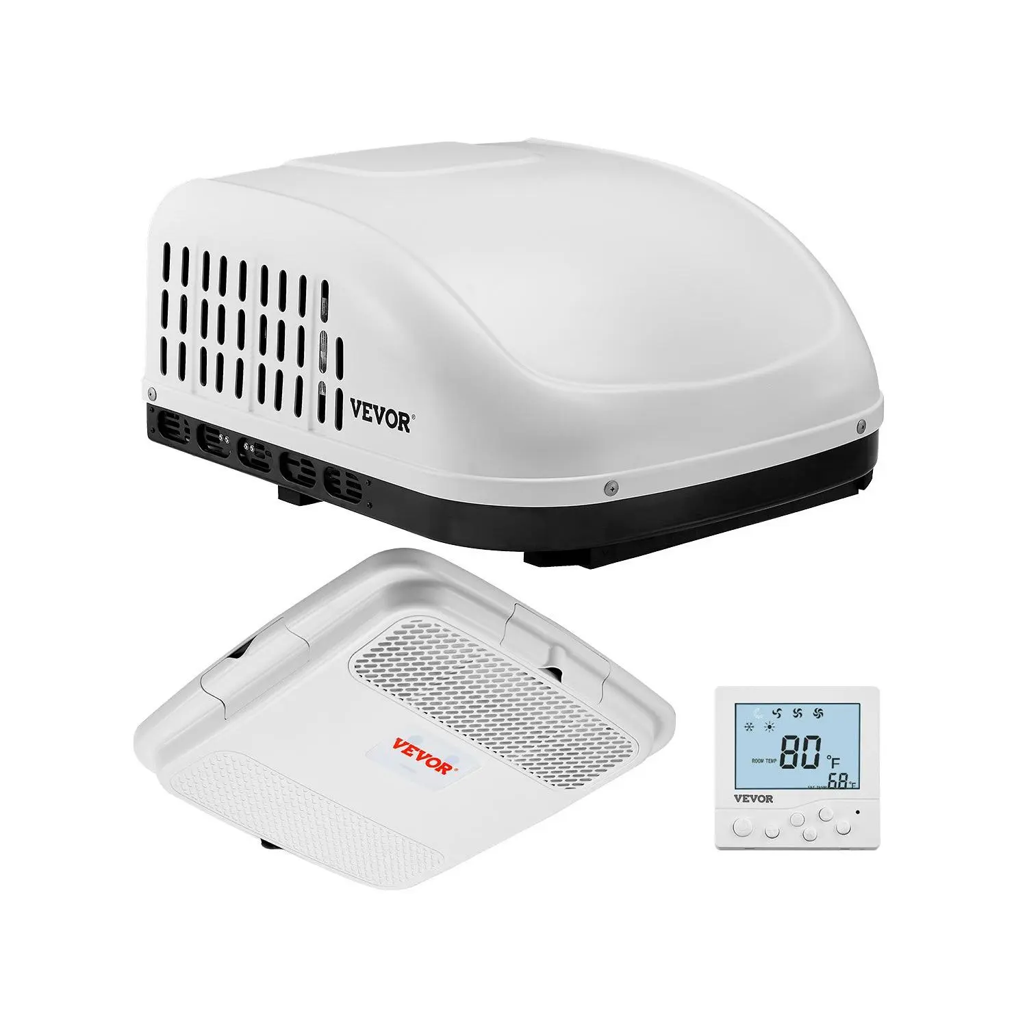 VEVOR 15000 BTU Non-Ducted Rooftop RV Air Conditioner with Copper Components, Rapid Cool, 120V, 65 dB Quiet Cooling, R32 Refrigerant, Timer, 3-Speed Fan, Air Distribution Box, Operation Panel, Installation Kit, EPP Exterior for RV Owners, Campers, White