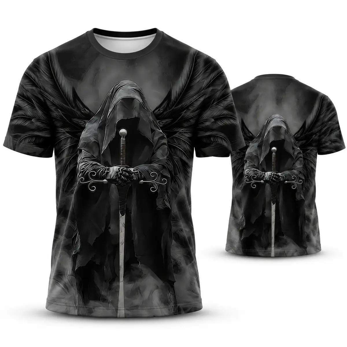 Men's Gothic Dark Angel Graphic T-Shirt, Hooded Winged Warrior Sword Print, Black Short Sleeve Top for Streetwear and Fantasy Fans