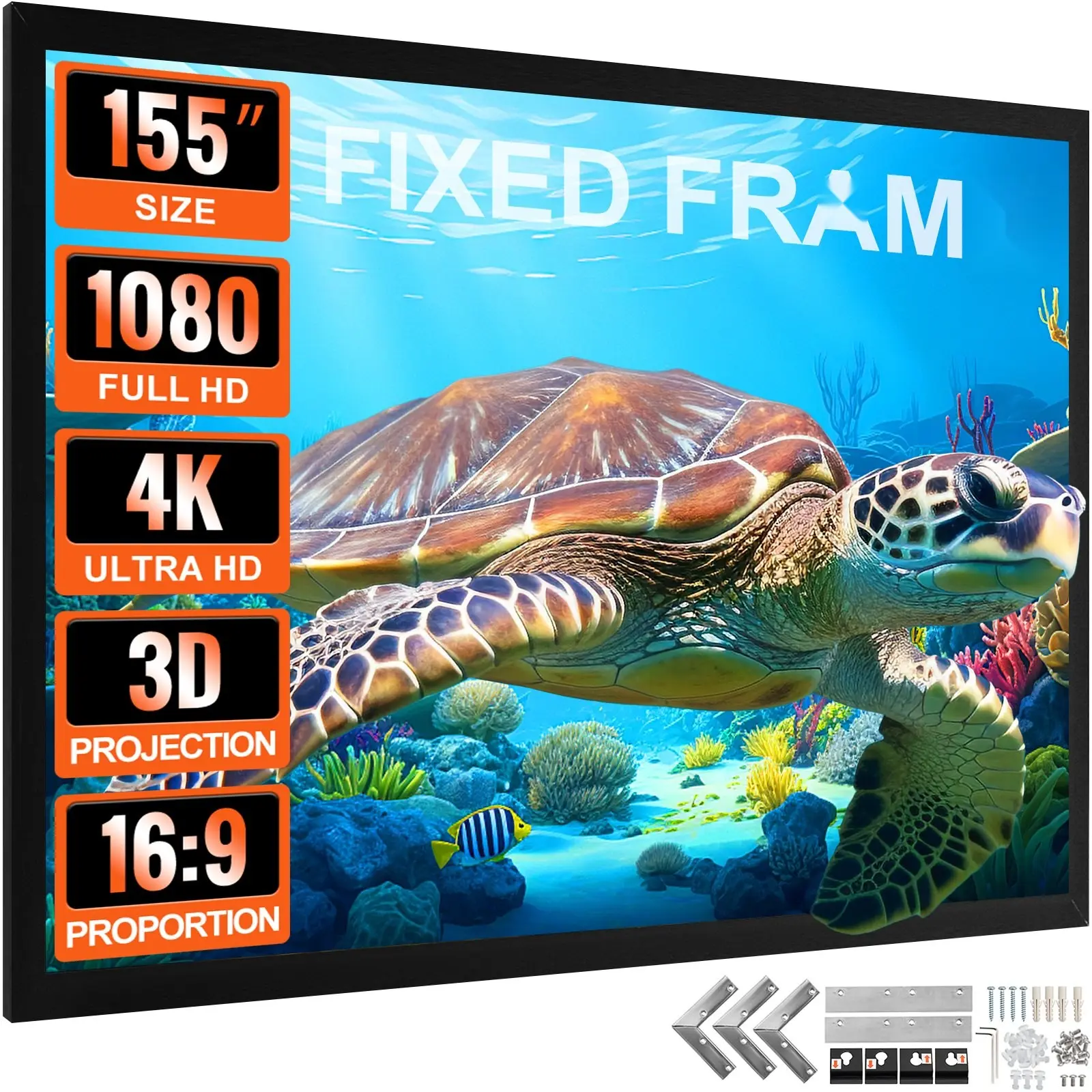 Projector Screen Fixed Frame 155-Inch 16:9 4K HD Theatrical Home Theater Projection Screen, Wall Mounted for Movie Theater, Living Room, and Home Cinema Use, Bright Durable Viewing Surface