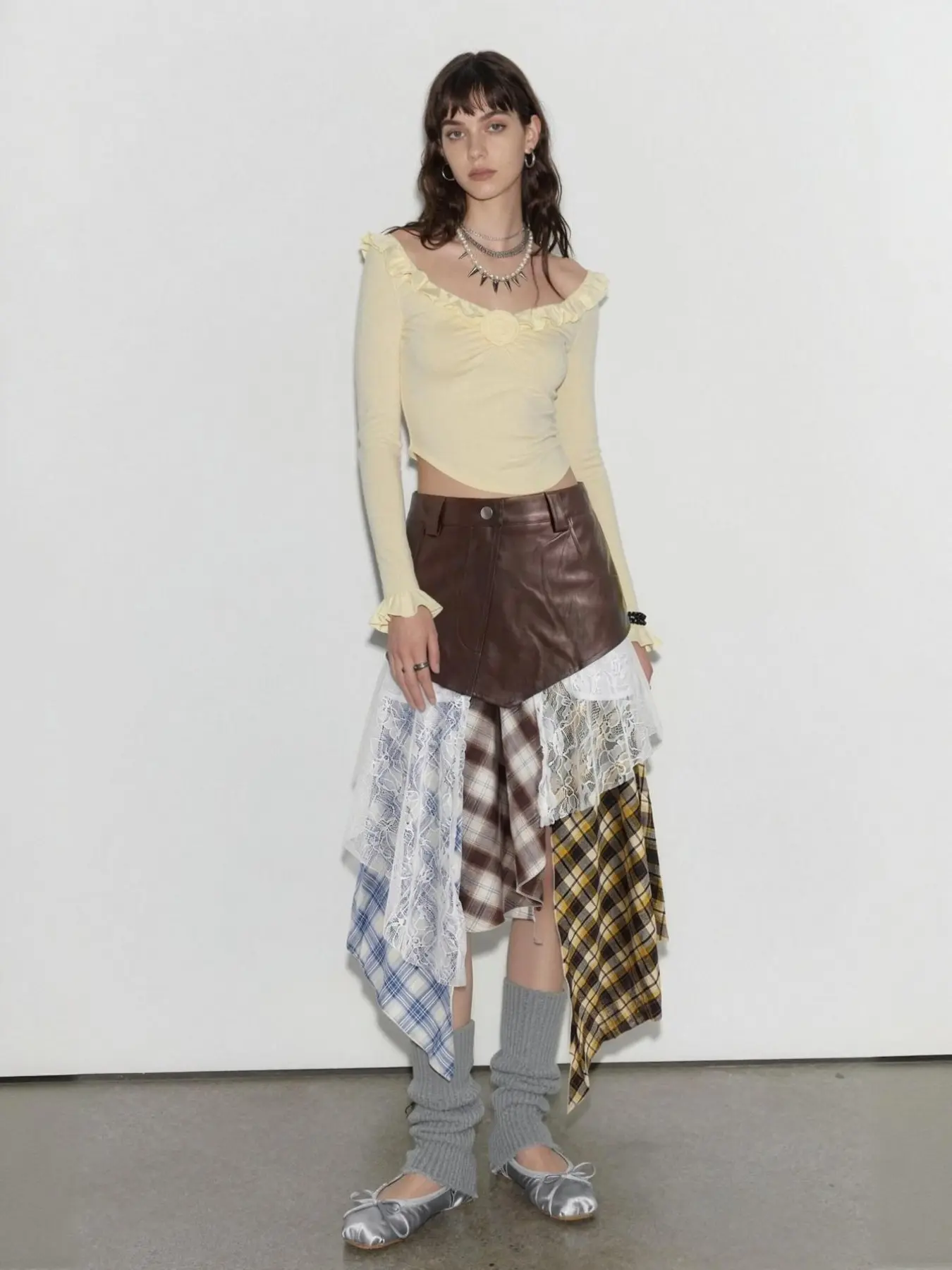 Y2K Patchwork Asymmetrical Skirt, Faux Leather Plaid Lace Layered Midi Skirt, Stylish Fashionable Women's Clothing