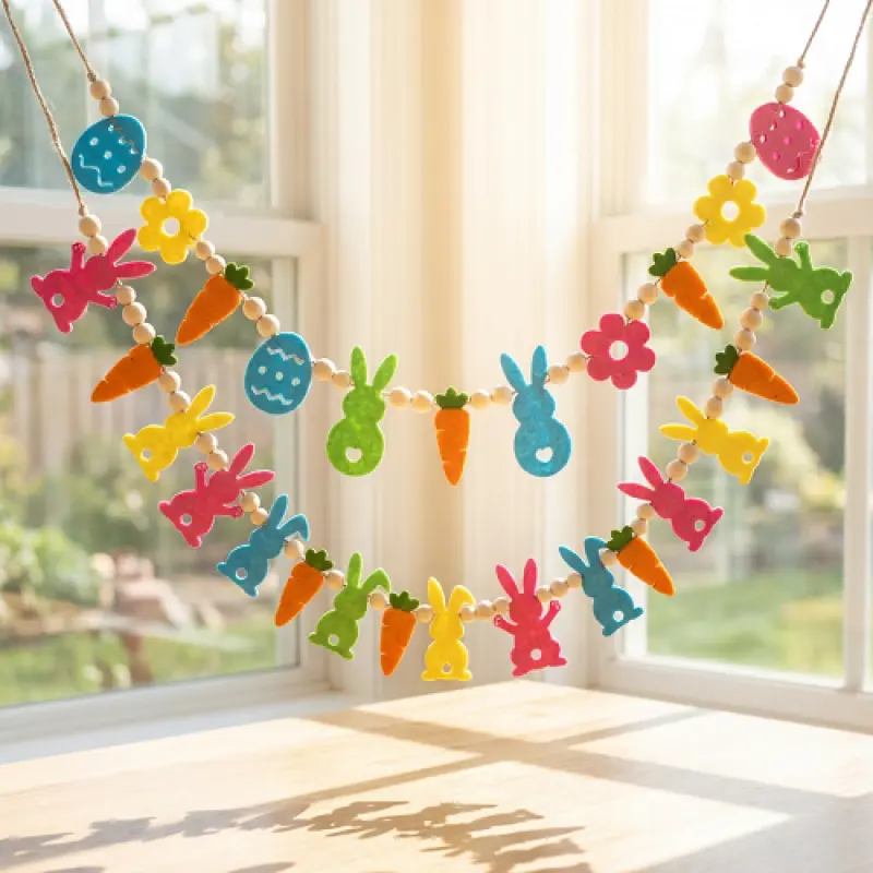 Colorful Felt Easter Garland with Wood Beads, Bunny-Carrot-Egg Hanging Banner, Easter Backdrop & Banner for Mantel, Fireplace, Windows | Festive Party Home Decor