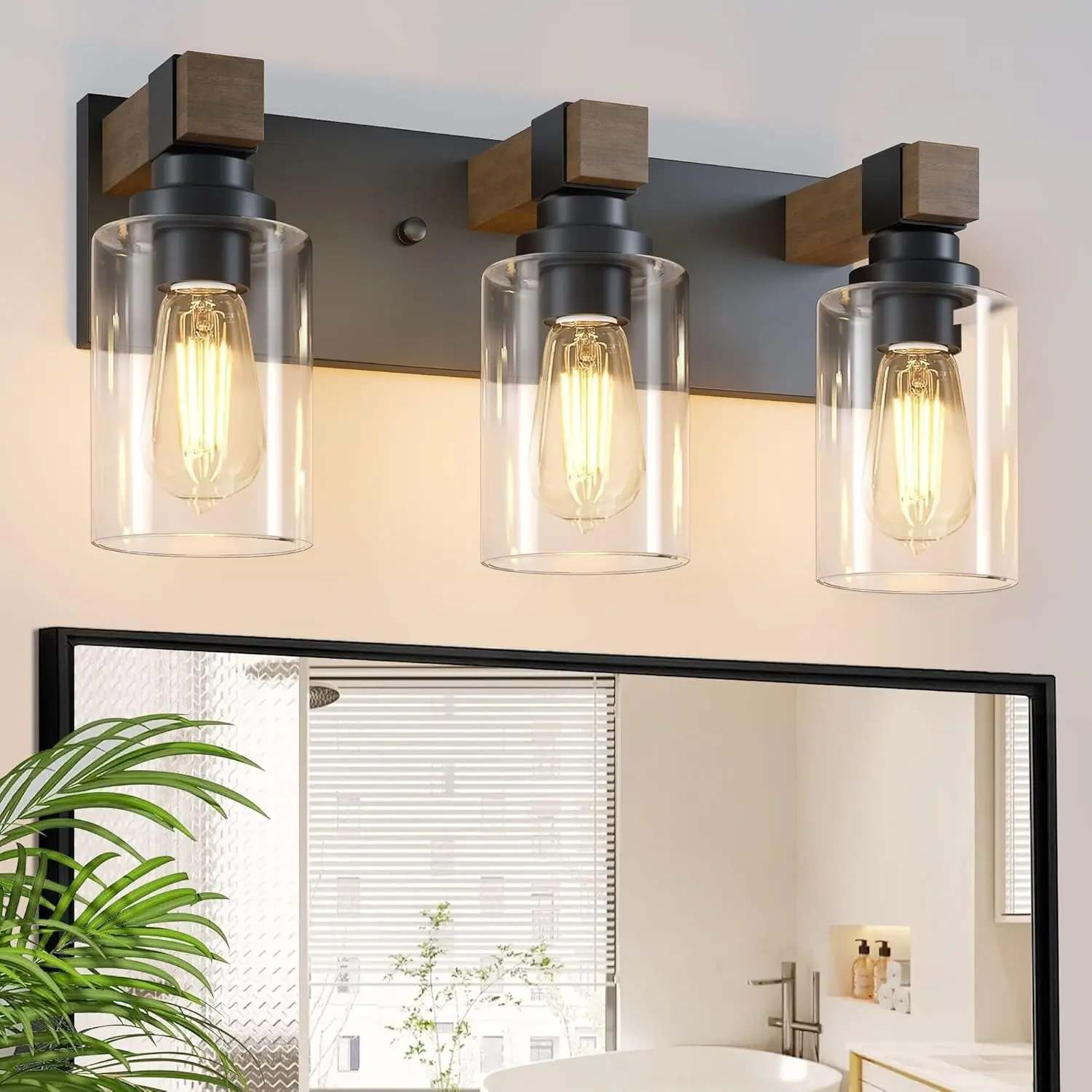 Rustic Look Wood Finish 3-Light Bathroom Vanity Light Fixtures, Vintage Black Wall Sconces with Glass Shade for Bathroom Use