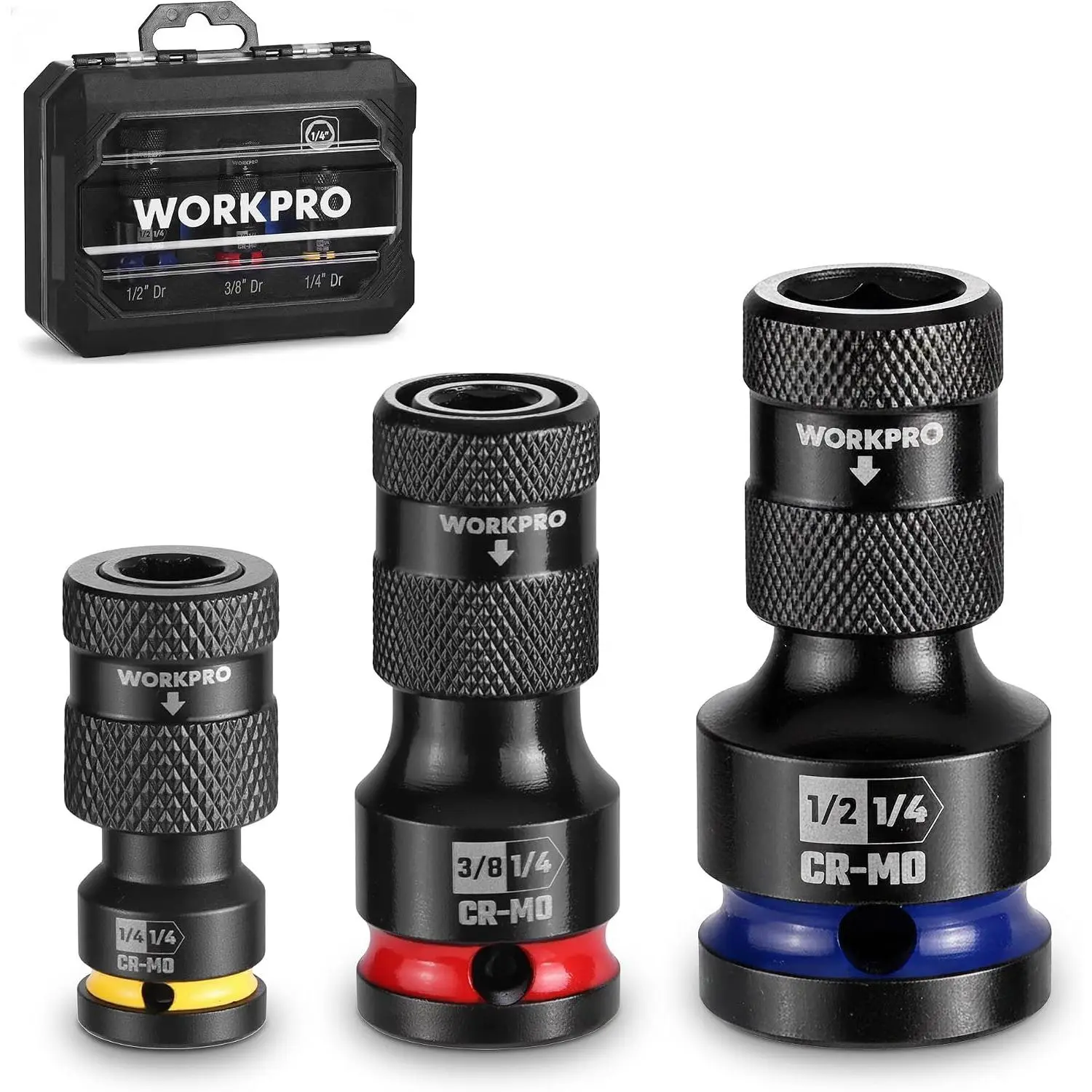 WORKPRO CR-MO 3-Piece 1/4, 3/8, 1/2-Inch Quick-Release Bit Holder Set | CR-MO 3-size set with one-handed quick release, ball-lock retention and case; adapts 1/4, 3/8 and 1/2-inch drives to hex bits