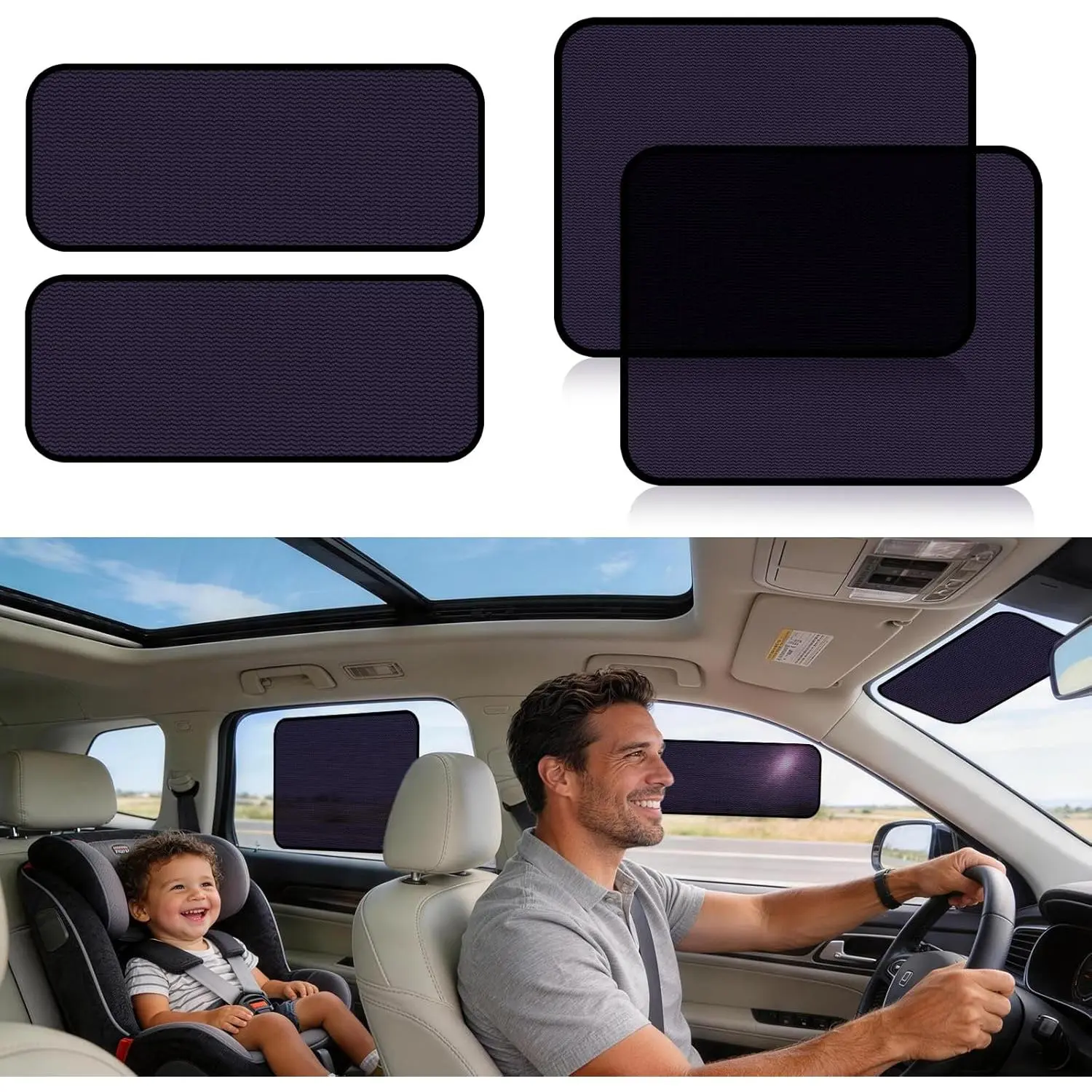 Car Window Shades Combo Pack (2 Sizes), Static Cling Sun & Glare Blocker for Windshield, Side & Rear Windows, Anti-Glare Clear View + Privacy Tint, Removable Reusable Film (15.7*7 & 15.7*13.8)