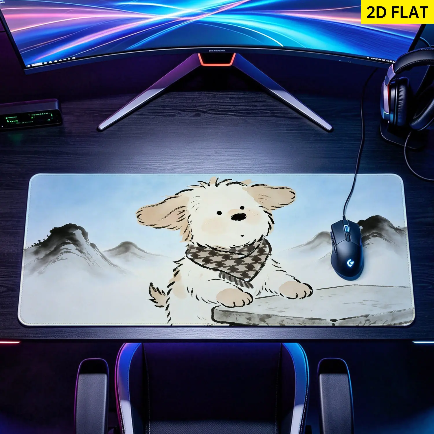Extra Large cute puppy ink painting design Mouse Pad,Non Slip Rubber Pad,Desktop Decoration Drotection Pad,Washable,Lock Edge Multi Size,Premium Multipurpose Mousepad For Home,Office,Gift for Family and Friends
