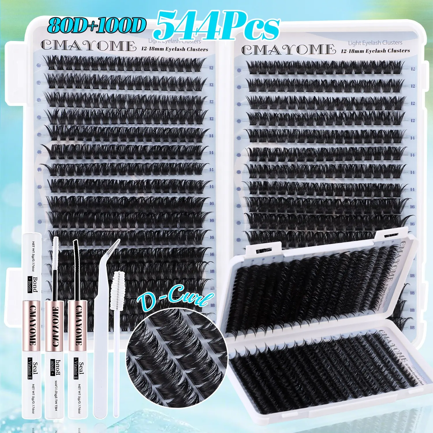 640/608/544 Clusters Thick Individual Lash Kit, Volume Eyelashes, 10D-150D Mix Density, w/ Glue & Tools, 12-18mm Mix Lengths, Natural Curl, DIY Lash Set, For Daily, Outdoor, Dates, Festivals, Eyelash Extensions