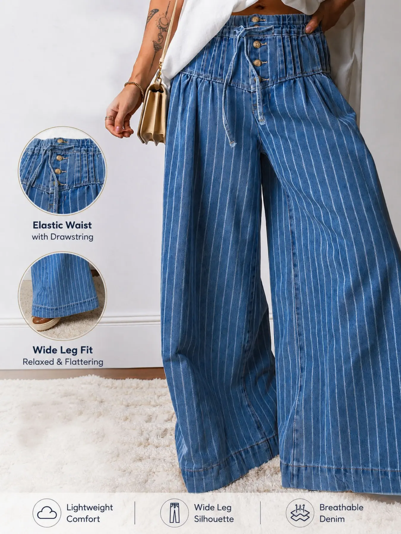 Women's High-Waisted Elastic Waist Drawstring Vertical Stripe Wide Leg Jeans, Multi-Button Design Slimming Loose Straight Pants, Vintage Casual Fashion