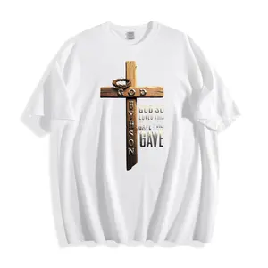 Religious Style Unisex T-Shirt With Wooden Cross And Bible Verse God So Loved The World That He Gave His Only Son For Us Christian Faith Inspired Design Perfect For Church Events Or Daily Wear Ideal Gift For Believers And Faithful Friends