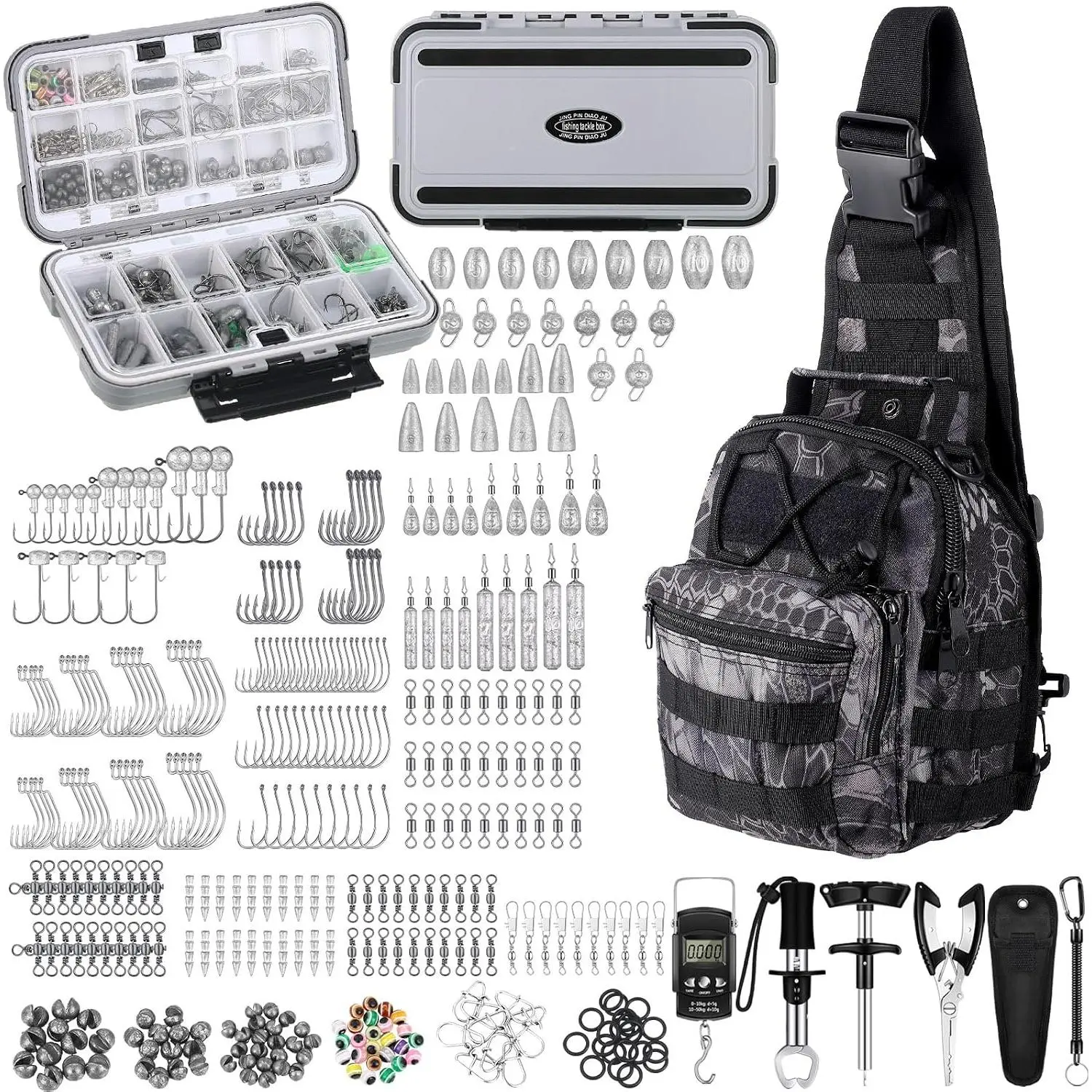 397 count Fishing Accessories Kit Tools Include Backpack Fishing Tackle Box with Hooks Weights Sinkers Spinner  Gear