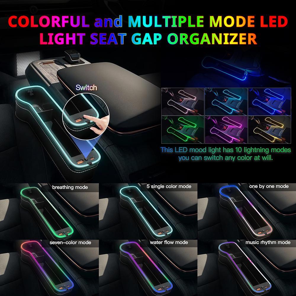 Car Seat-Gap Filler Organizer with 2 USB Fast Charger, Car Console Side Organizer with Colorful RGB Ambient Lamp, Car Interior Accessories, Car Organization Supplies