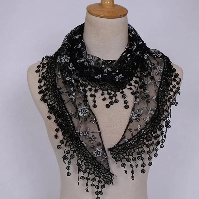 Women Tassel Triangle Scarf For Church Prayer Shawl Embroidered Lace Veil Floral Headcovering Veils For The Church's 135*43cm